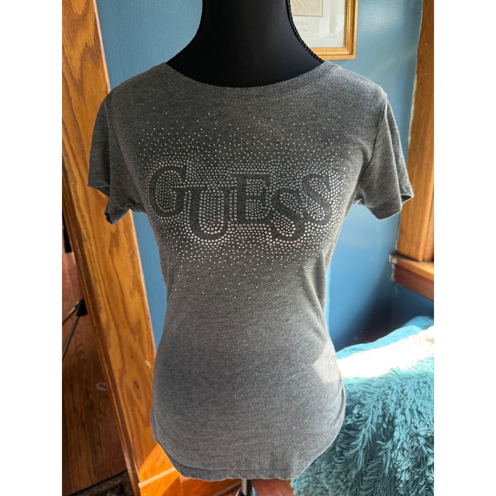 Y2K Guess Womens Rhinestone Logo T-Shirt Gray Short Sleeve Baby T McBling Tiny